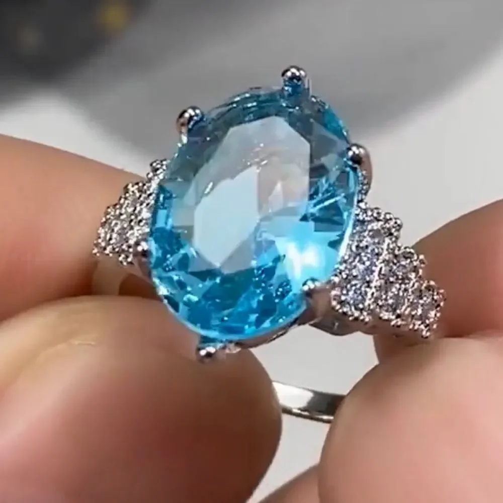 💧925 Sterling Silver Sea Blue Topaz Ring Oval STAMPED